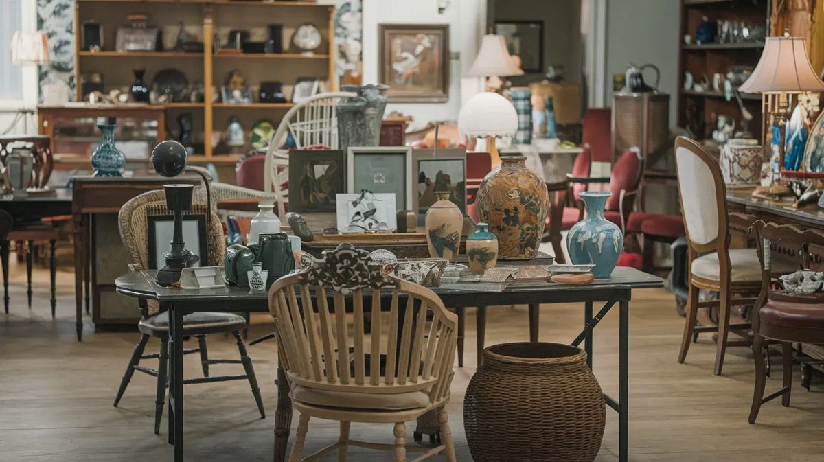 Antiques, vases, and furniture arranged for review