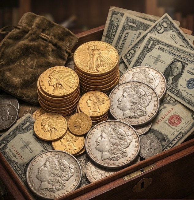 Gold coins, silver coins, and currency